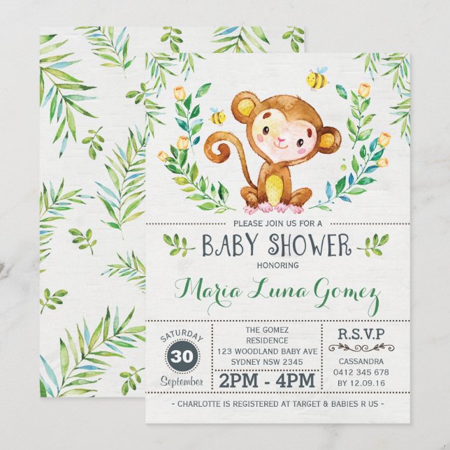 Monkey Baby Shower Jungle Pojke Inbjudningar (Fram/baksida)