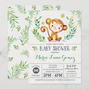 Monkey Baby Shower Jungle Pojke Inbjudningar