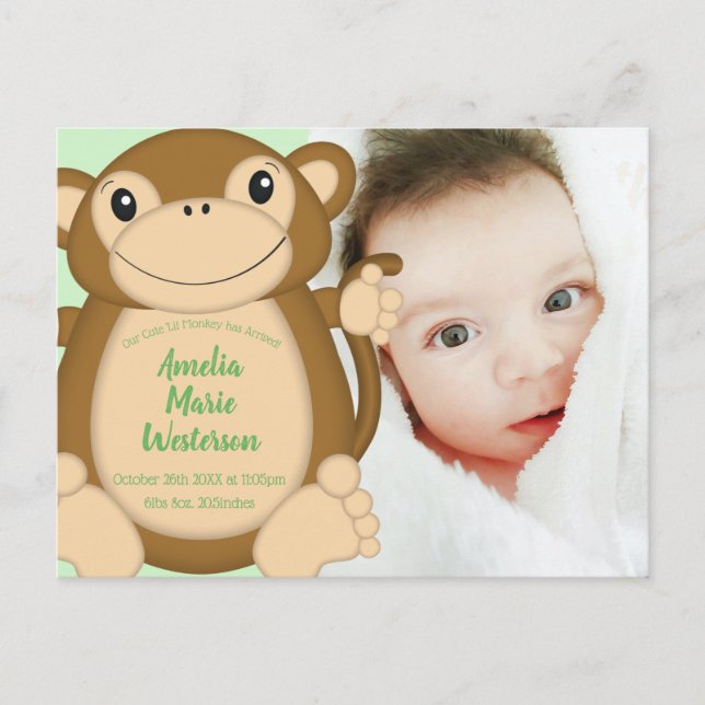 Monkey Baby Shower Jungle Vykort (Framsida)