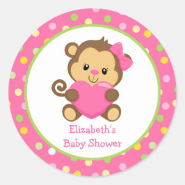 Monkey Baby Shower Sticker, Rosa och Grönt Runt Klistermärke
