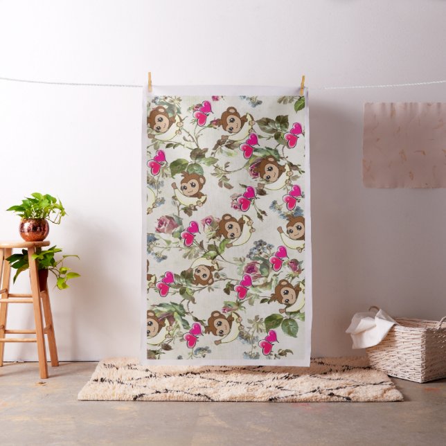 Monkey Bananas Rosa Hearts Blommigt Fabric Tyg (In Situ)