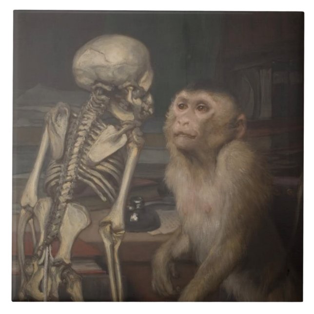 Monkey before a Skeleton (av Gabriel von Max) Kakelplatta (Framsidan)
