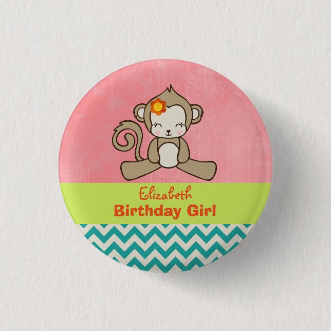 Monkey Birthday Girl Cute Kawaii Knapp (Framsida)