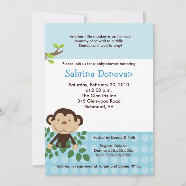 Monkey Blue Baby Shower för MonKAROONI Inbjudningar (Framsida)