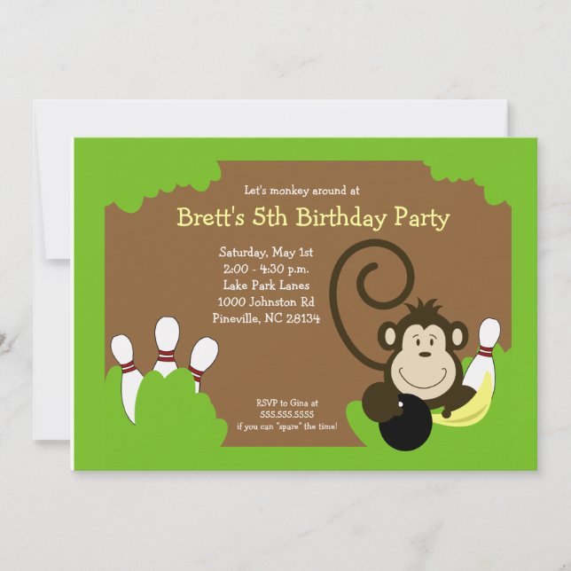 Monkey Bowl Bowling Party Birthday 5x7 Inbjudningar (Framsida)