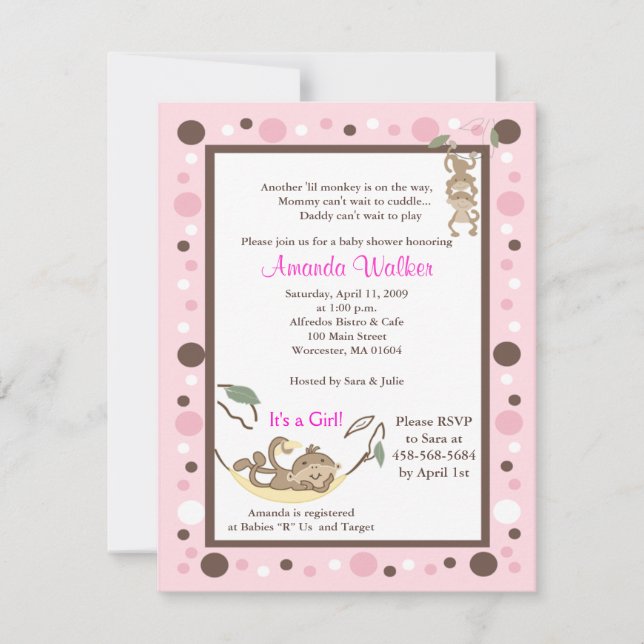 Monkey Business 4 x 5 Rosa Dot Baby Shower Inbjuda Inbjudningar (Framsida)