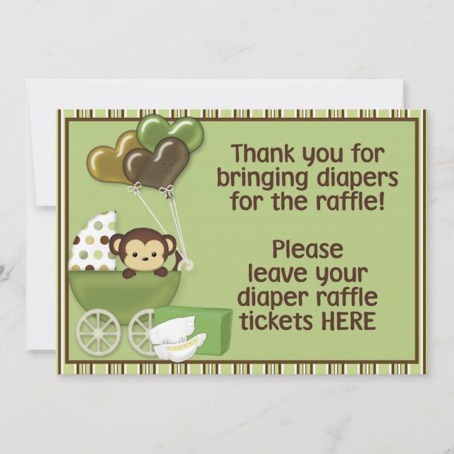 Monkey Carriage Grn Baby Shower Diaper Raffle Sign Inbjudningar (Framsida)
