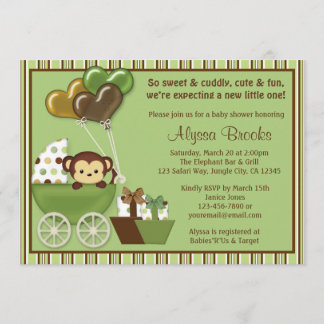 Monkey Carriage v1 Grönt Baby Shower-inbjudningar Inbjudningar