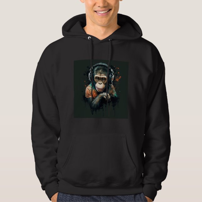 Monkey Chimp DJ med hörlurar, musik älskare. Hoodie (Framsida)