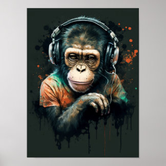 Monkey Chimp DJ med hörlurar, musik älskare. Poster