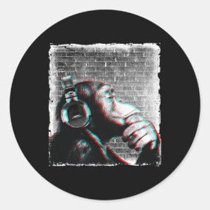 Monkey Chimp med hörlurar Shirt - Edm Dj Music Runt Klistermärke