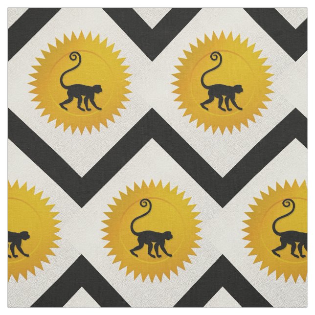 Monkey China Zodiac | Vit, Guld och svart Tyg (Provkarta)