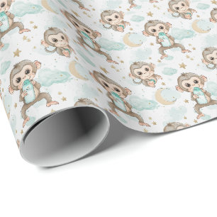 Monkey Cute Baby Pastel Watercolor Mönster Presentpapper