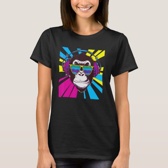 Monkey DJ med hörlurar och solglasögon T Shirt (Framsida)