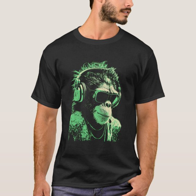 Monkey Dj med hörlurar och solglasögon T Shirt (Framsida)