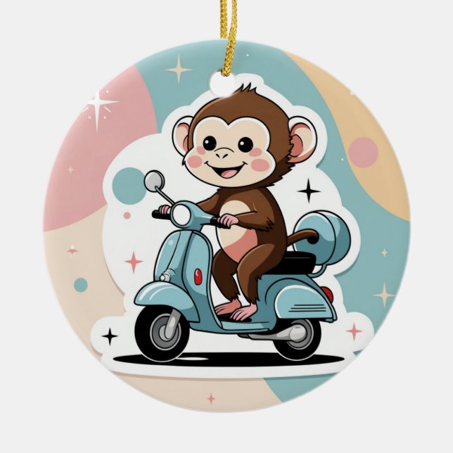 Monkey driving a scooter julgransprydnad keramik (Framsidan)