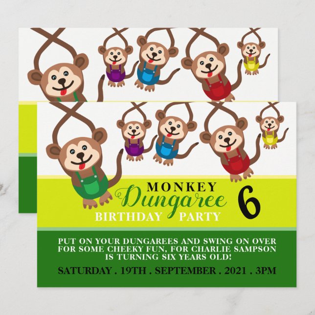Monkey Dungaree, Barn Födelsedagsfest Inbjudningar (Fram/baksida)