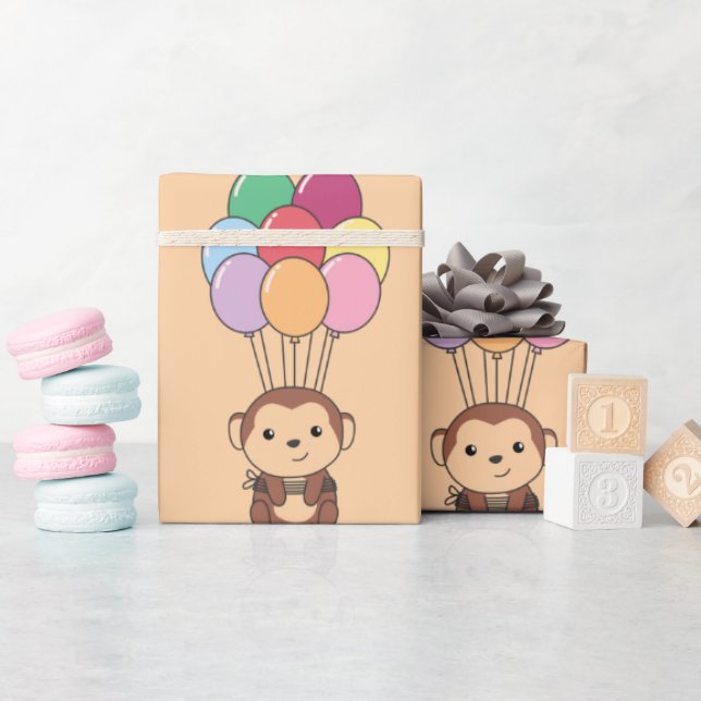 Monkey flyger upp med färgat ballongkort presentpapper (Baby Shower)