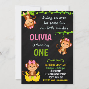 Monkey födelsedagsinbjudan Flicka 1:a födelsedag p Inbjudningar