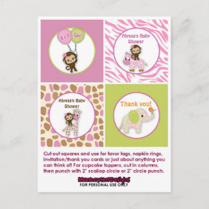 MONKEY Girl Jungle Baby Shower Cuptårer Topper JJ Vykort