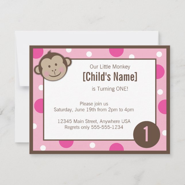 Monkey Girl Rosa Birthday bjudning 4,25 x 5,5 Inbjudningar (Framsida)