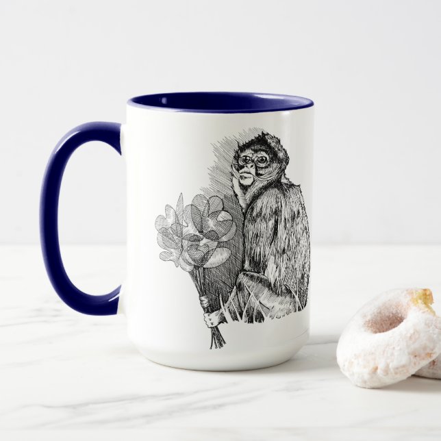 Monkey Holding Papprare Flowers Mugg (Med munk)