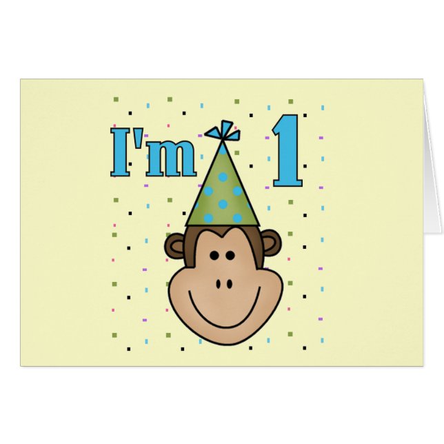 Monkey i Party Hat 1:a födelsedagstskjortan Hälsningskort (Framsidan Horizontal)