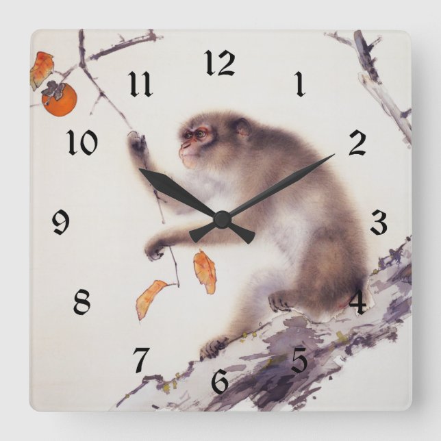 Monkey i Persimmon Träd Fyrkantig Klocka (Framsida)