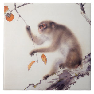 Monkey i Persimmon Träd Kakelplatta