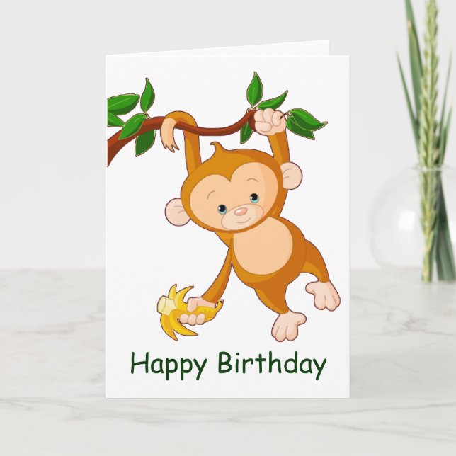 Monkey i Träd med Banana Birthday Kort (Framsida)