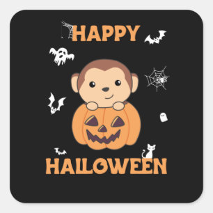 Monkey in Pumpkin Cute Monkey Happy halloween Fyrkantigt Klistermärke
