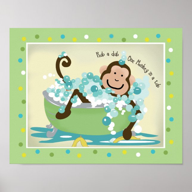 Monkey in Tub Bathroom Art Print - Mörk Brown Poster (Framsidan)