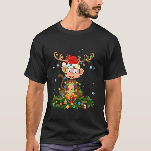 Monkey Julafton Lighting Reindeer Santa Hat Monkey T Shirt (Framsida)