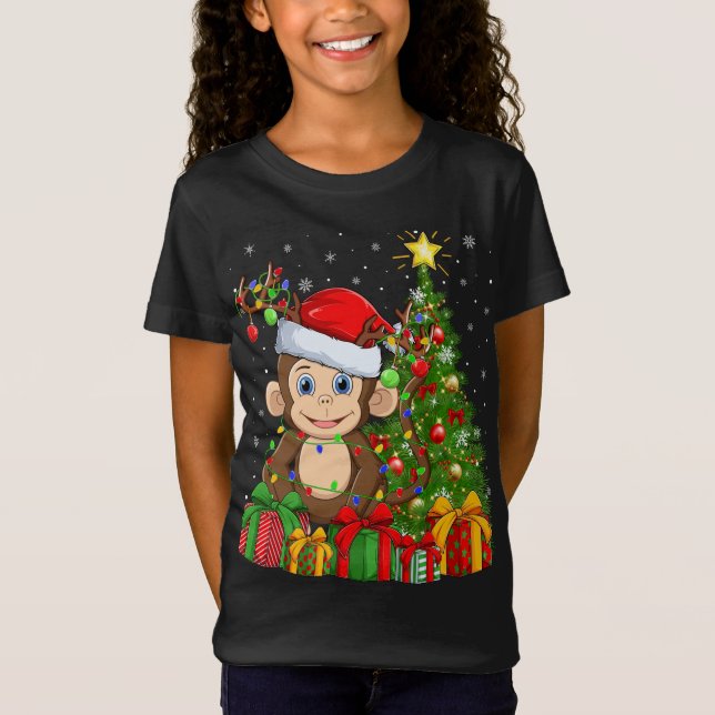 Monkey Lighting Julafton Träd Santa Hat Monkey Chr T Shirt (Framsida)