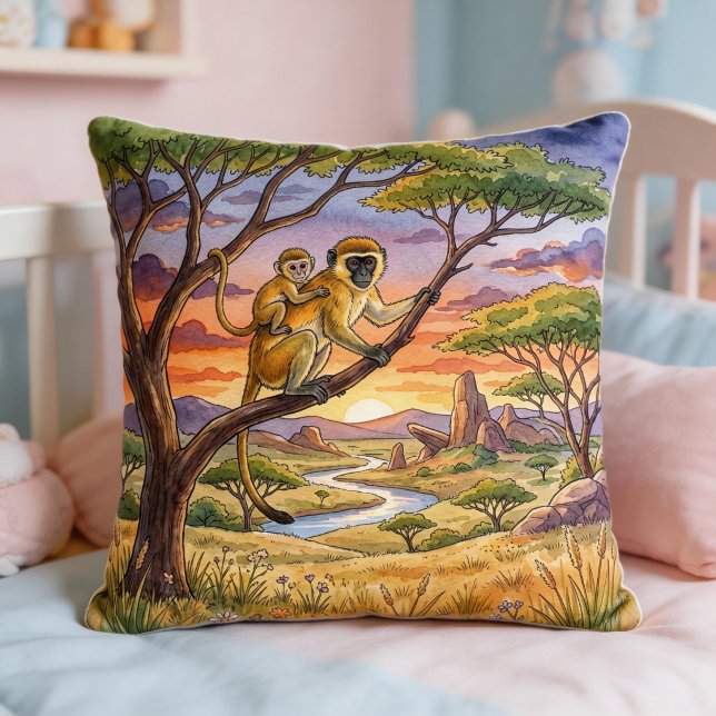 Monkey Mama And Baby Safari Animals  Kudde (Skapare uppladdad)