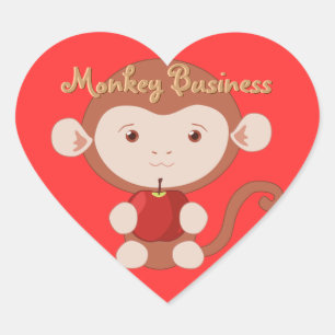 Monkey med Apple Heart-fästen Hjärtformat Klistermärke