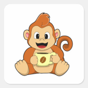 Monkey med Kopp i kaffe Fyrkantigt Klistermärke