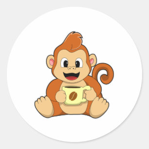 Monkey med Kopp i kaffe Runt Klistermärke