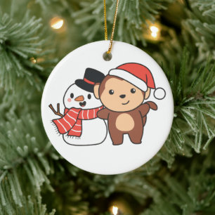Monkey med Snögubbe i vinter för jul Cerami Julgransprydnad Keramik