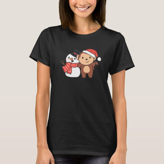 Monkey med Snögubbe i vinter för jul T Shirt (Framsida)