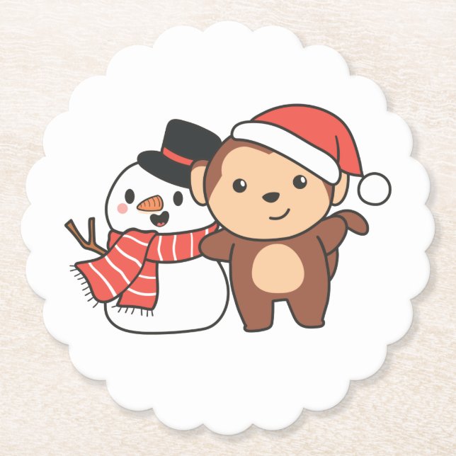 Monkey med Snögubbe i vinter för jul Underlägg Papper (Framsida)