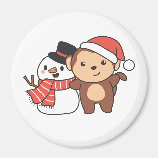 Monkey med Snögubbe i vinter för julgranen Magnet (Framsidan)
