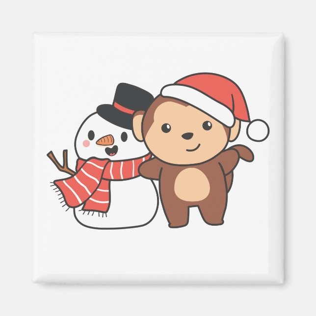 Monkey med Snögubbe i vinter för julgranen Magnet (Framsidan)