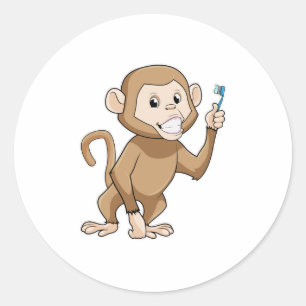 Monkey med tandborste runt klistermärke
