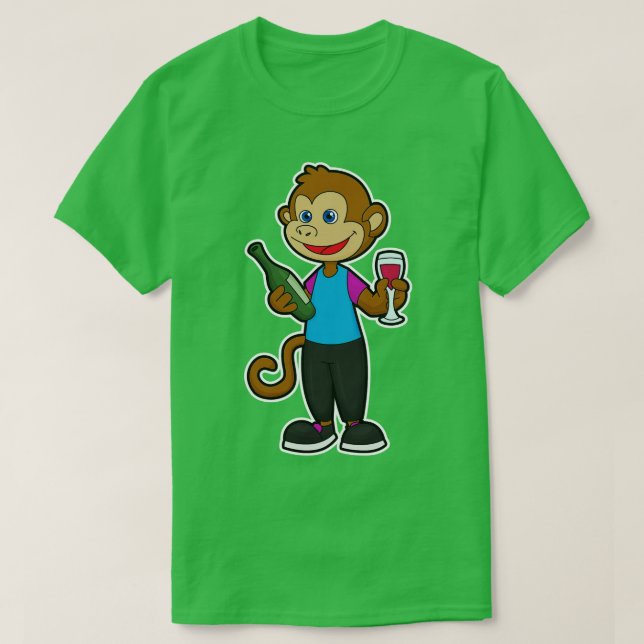 Monkey med Vin glas Vin flaska T Shirt (Design framsida)