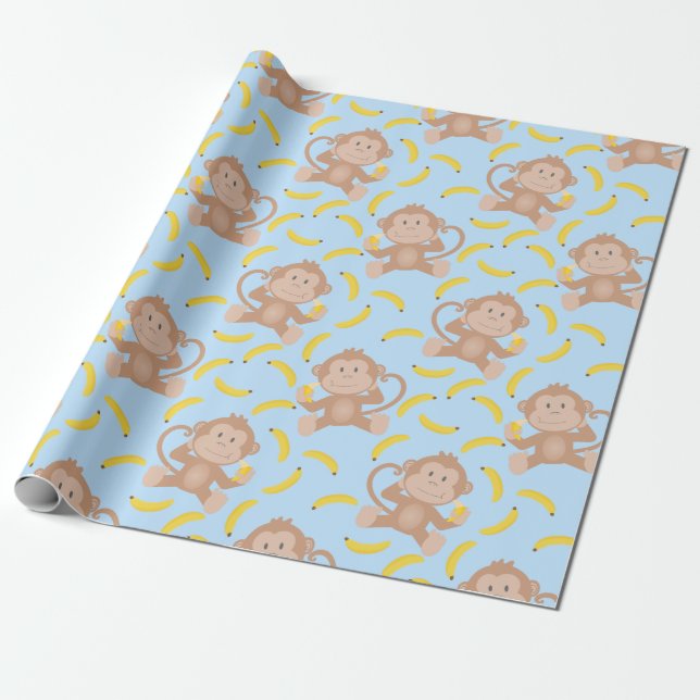 Monkey Munching Banana Blue Presentpapper (Utrullad)