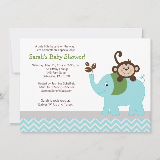 Monkey och Elephant Light Blue Chevron Baby Shower Inbjudningar (Framsida)