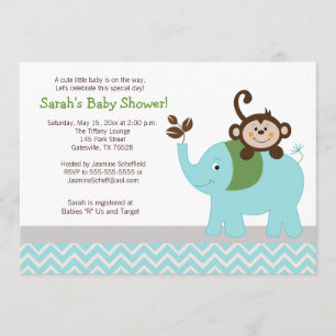 Monkey och Elephant Light Blue Chevron Baby Shower Inbjudningar