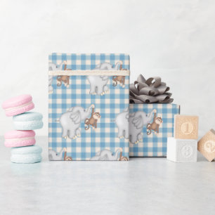 Monkey och Elephant On Gingham Presentpapper