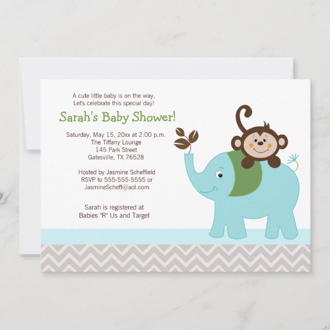 Monkey och Elephant Silver Chevron Baby Shower Inbjudningar (Framsida)